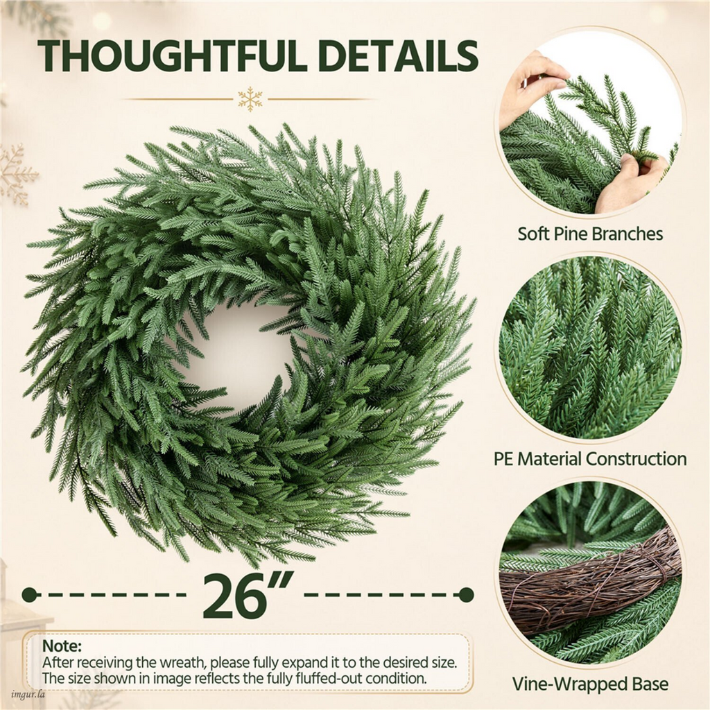 AEELLEEA-26 Inch Artificial Christmas Wreath, Green Pine Wreath with Natural Vine Base for Front Door, Wall & Holiday Decor