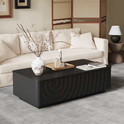AEELLEEA Modern Black Coffee Table with Storage Drawer, 47.2" Rectangular Living Room Table with Wave Pattern Design