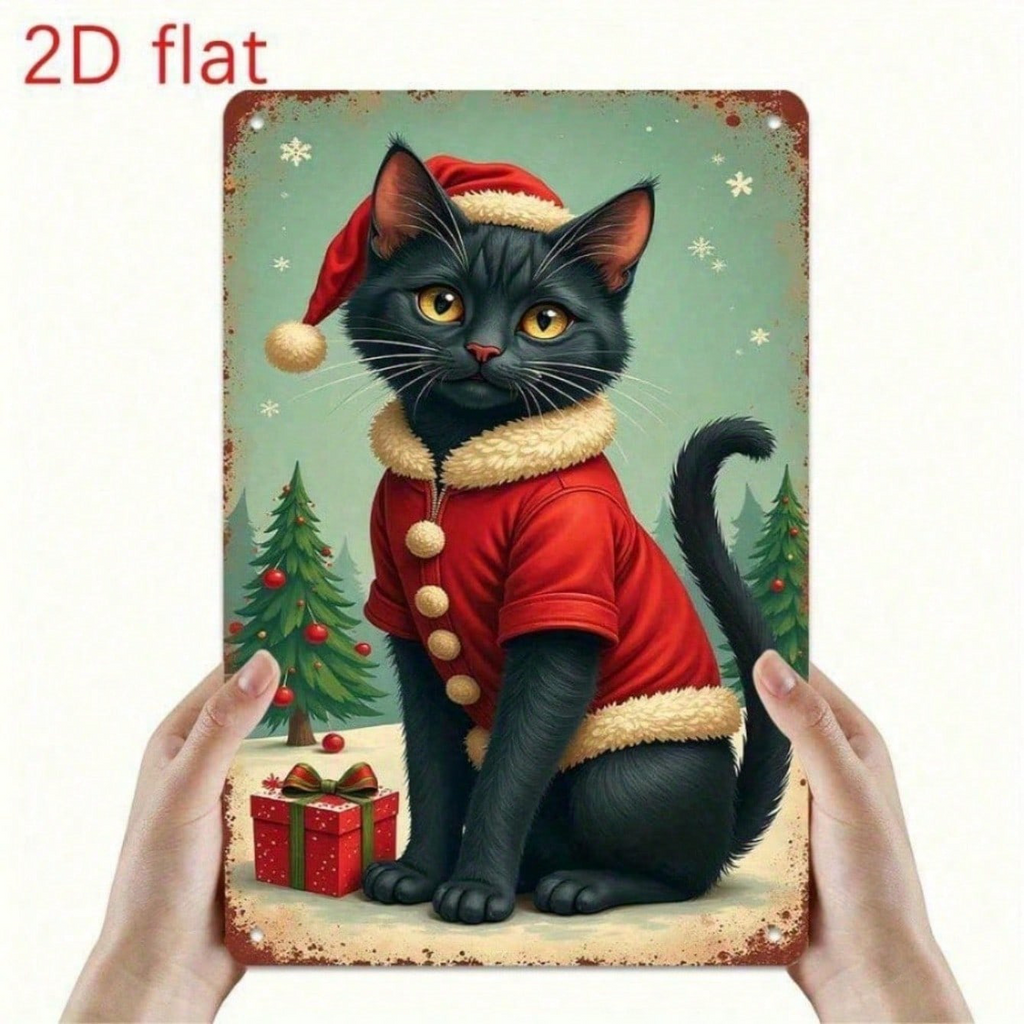 AEELLEEA-Vintage Christmas Black Cat Metal Tin Sign, 11.81x7.87 Inch Retro Wall Plaque with Santa Hat Cat, Snowflake