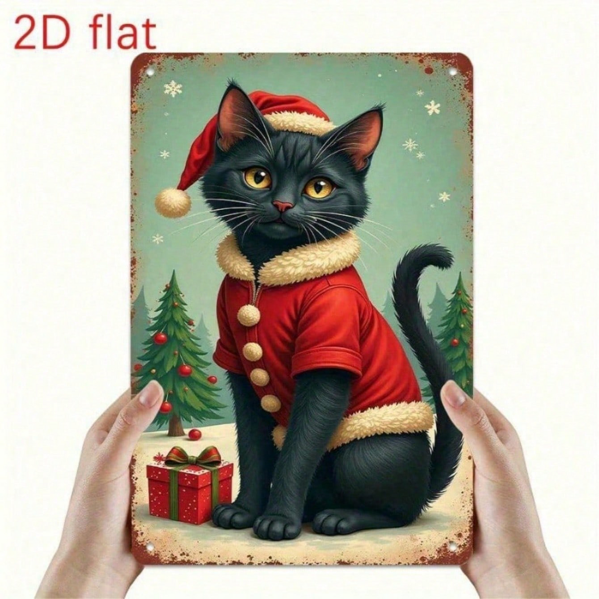 AEELLEEA-Vintage Christmas Black Cat Metal Tin Sign, 11.81x7.87 Inch Retro Wall Plaque with Santa Hat Cat, Snowflake