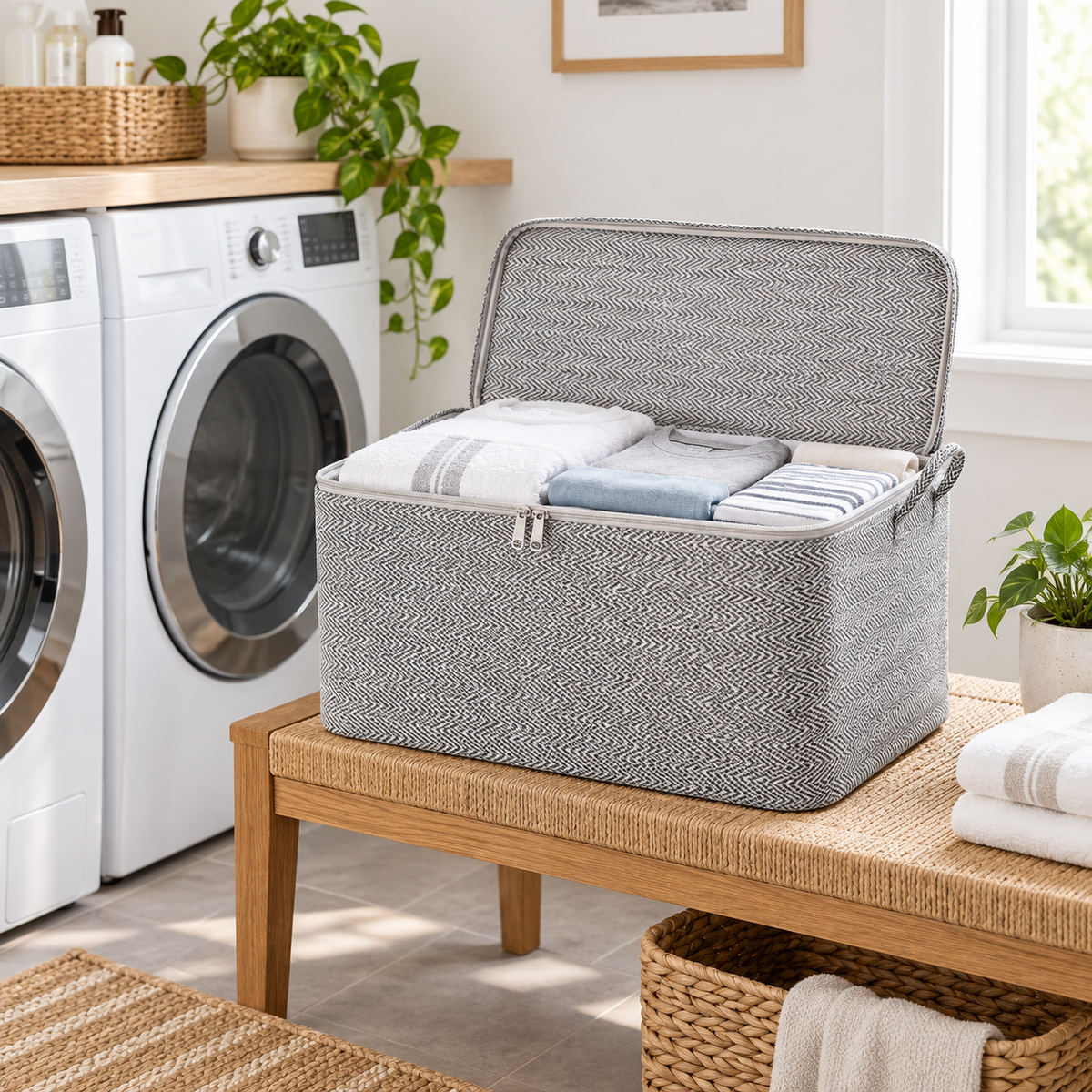 220L Large Fabric Storage Bin with Zipper Lid, Herringbone Foldable Clothes Blanket Organizer with Handles for Closet Bedroom Laundry