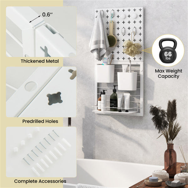 AEELLEEA Wall-Mounted Pegboard Organizer with Storage Bins, Hooks, Magnets and Shelf, Metal Wall Storage for Kitchen or Office