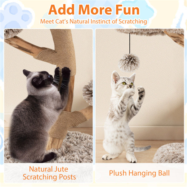 AEELLEEA 35.5-Inch Natural Wood Cat Tree with Plush Perches, Sisal Scratching Posts and Hanging Pom-Pom Toy
