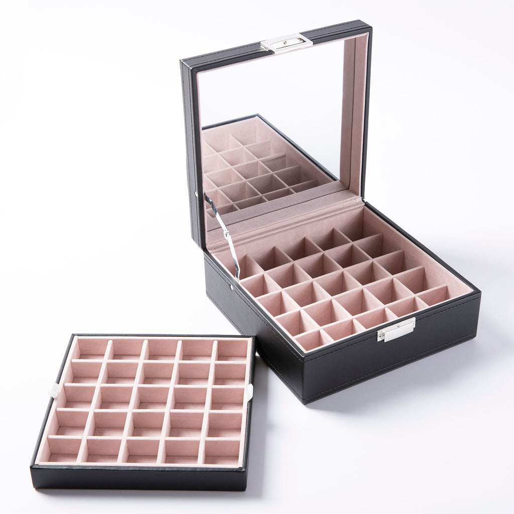 AEELLEEA-50 Slot Black Jewelry Organizer Box with Large Mirror, Earring Storage Case for Necklaces, Earrings & Bracelets
