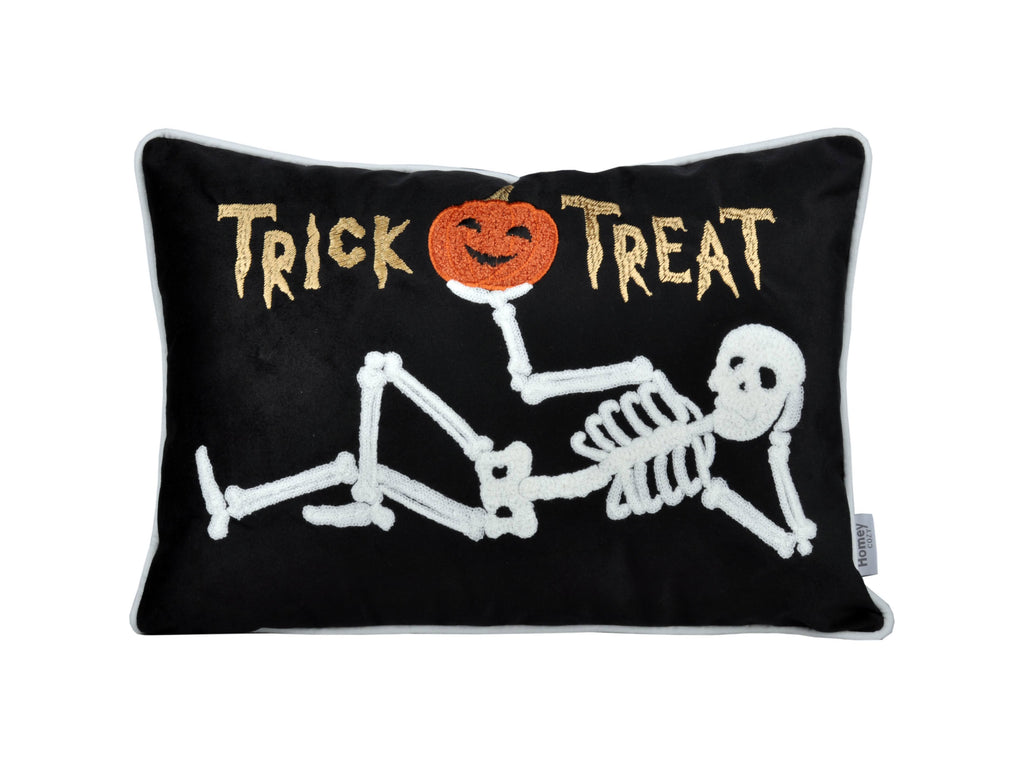 AEELLEEA 12x18 Inch Halloween Throw Pillow, Trick or Treat Skeleton Pumpkin Embroidered Lumbar Cushion for Sofa Couch Home Holiday Decor