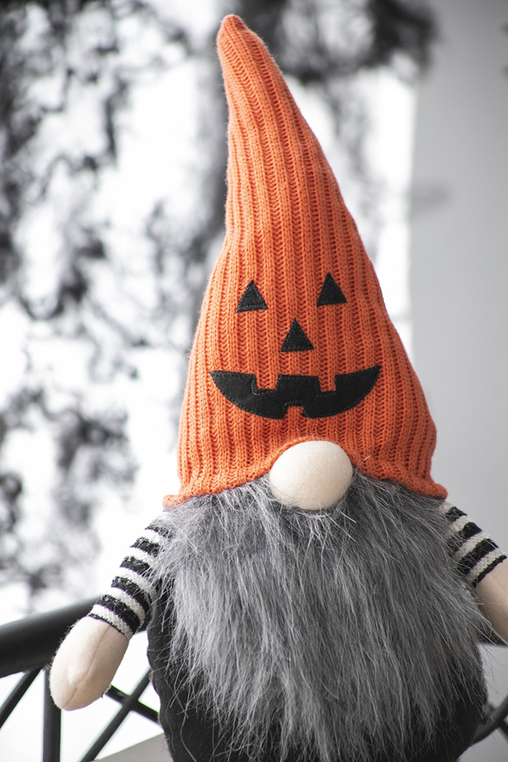 Halloween Gnome Decor, 23.5 Inch Fabric Sitting Plush Gnome with Orange Pumpkin Knit Hat, Black Striped Legs Farmhouse Tabletop Ornament for Holiday Home Party Decoration