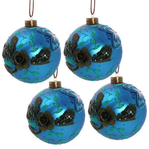 4 PCS Christmas Ball Ornaments, Blue Xmas Tree Baubles with Glitter Flower and Butterfly, Glass Christmas Decorations for Holiday Party Wreath Tree Decor