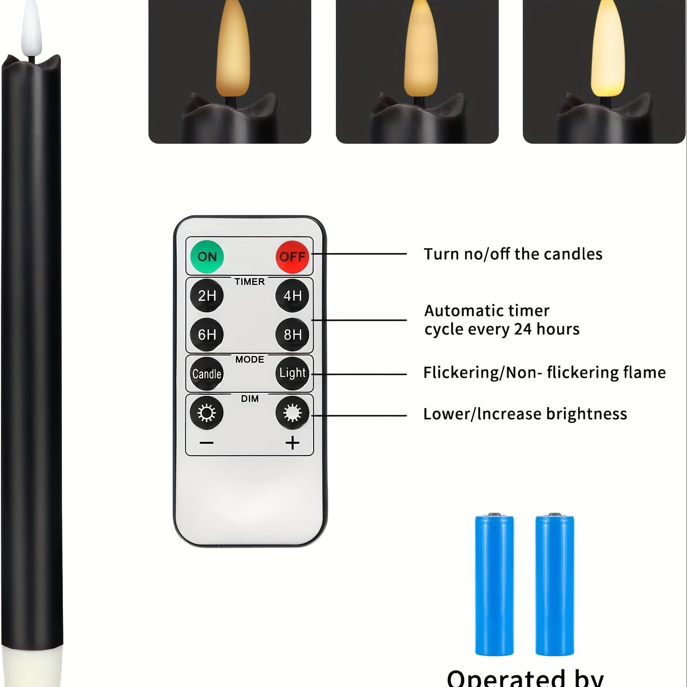 Flameless Black Taper Candles Flickering with 10-Key Remote, LED Warm 3D Wick Light Window Candles Real Wax Pack of 6, Christmas Home Wedding Decor