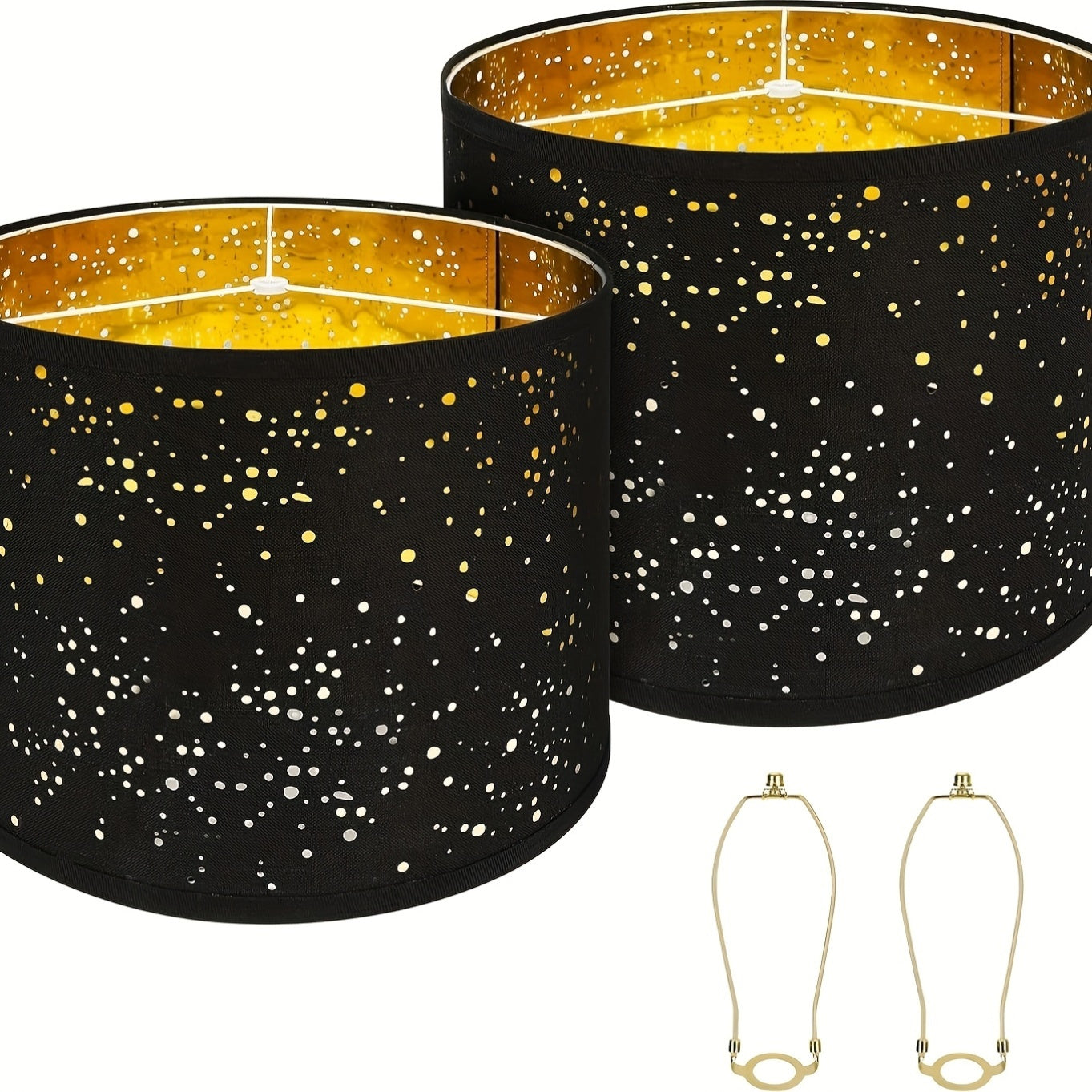 2-Pack Black Starry Sky Drum Lamp Shades, Collapsible Lampshades with Gold Inner Lining, Includes Harp for E26/E27/E14