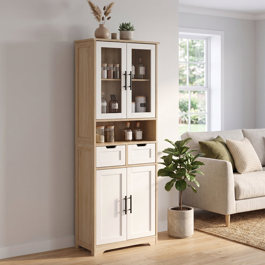 AEELLEEA Tall Storage Cabinet with Glass & Solid Doors, 23.6"x11.8"x66.9" Wooden Freestanding Cabinet with 2 Drawers