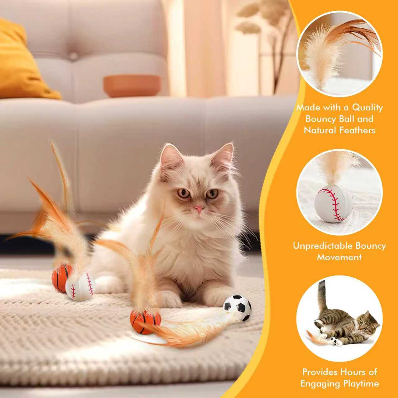 3 Pack Interactive Cat Ball Toys: Bouncy Elastic Balls with Natural Feathers for Indoor Cats & Kittens