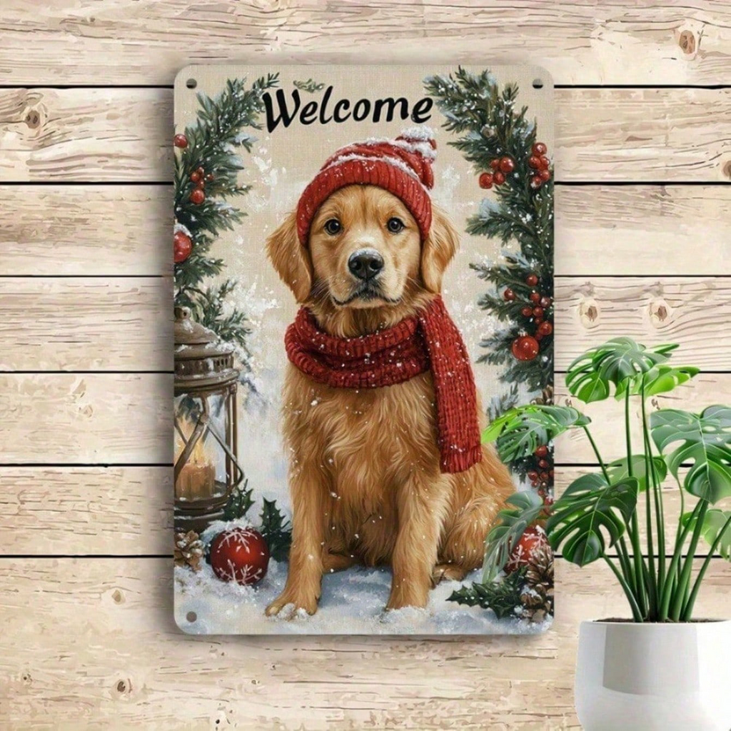 AEELLEEA-Retro Christmas Golden Retriever Welcome Metal Tin Sign, 11.81x7.87 Inch Vintage Wall Plaque, Winter Holiday Aluminum Poster