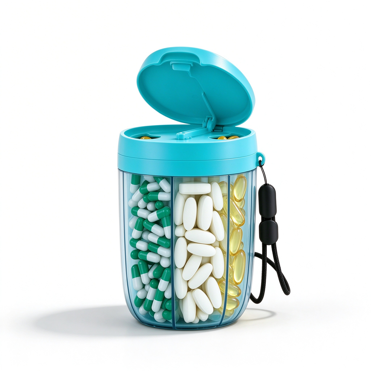 AEELLEEA Rotating 6-Compartment Pill Organizer, Portable Travel Pill Case with Lanyard, Small Pill Box for Purse Pocket