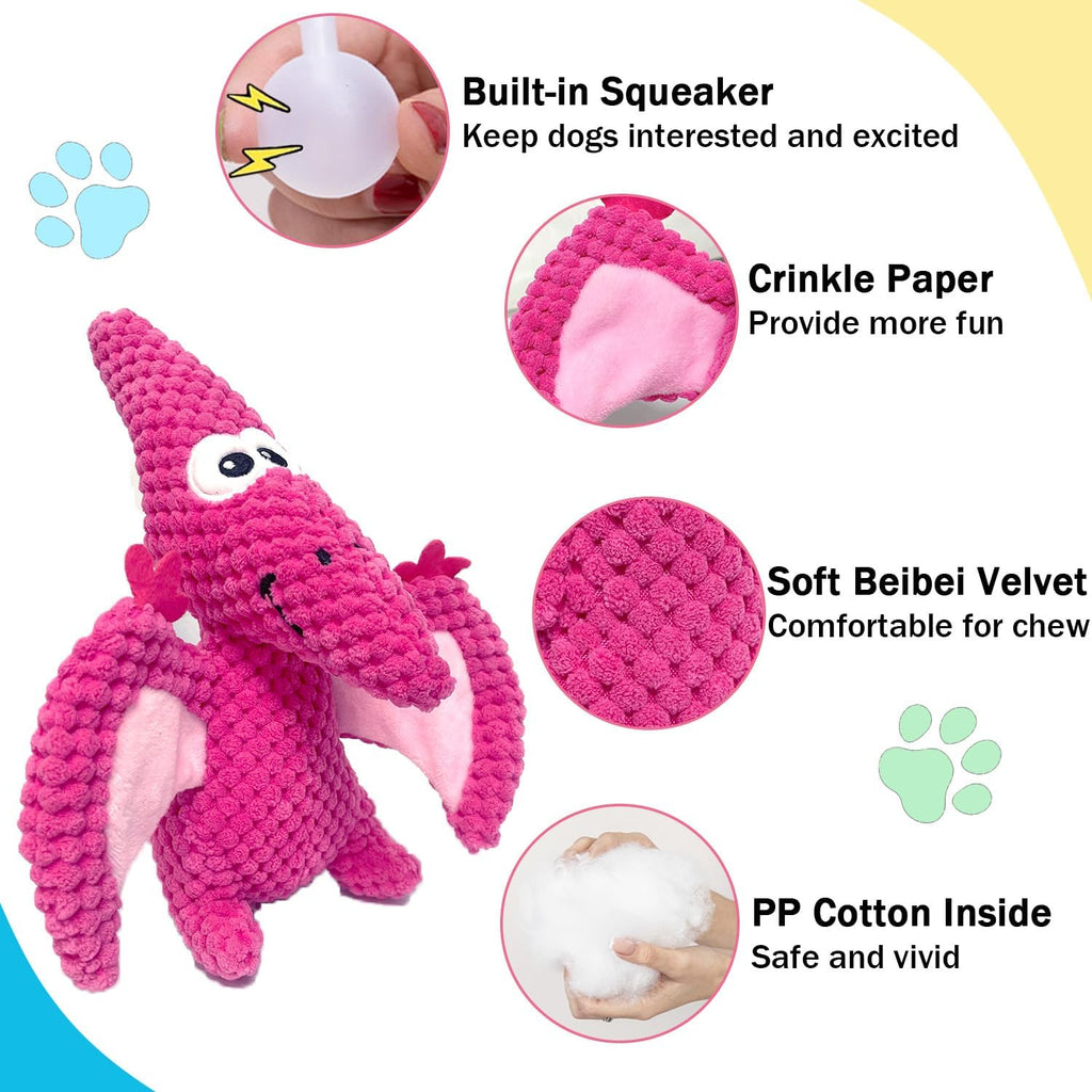 LWBMG Squeaky Dog Toys Plush Dog Toy with Crinkle Paper Dinosaur Dog Toy Stuffed Animals Chew Toy Plush Squeaky Dog Birthday Toys for Small Medium Large Dogs Pink