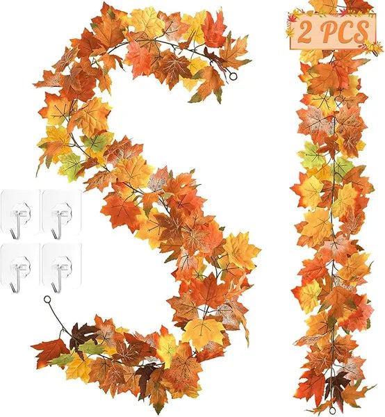 AEELLEEA 2 Pack Fall Maple Leaf Garland with 4 Hooks, Artificial Autumn Foliage Vine for Mantel, Thanksgiving Indoor & Outdoor Home Decor