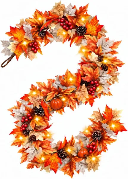 Aeelleea 6FT Pre-Lit Fall Maple Pumpkin Garland with Timer, Artificial Autumn Harvest Vine for Mantel, Staircase, Thanksgiving Home Decor