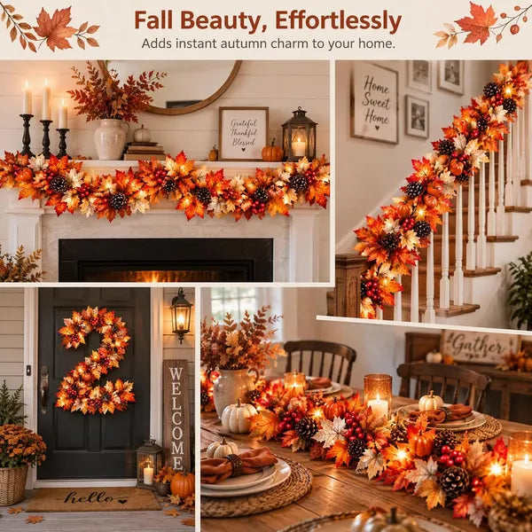 Aeelleea 6FT Pre-Lit Fall Maple Pumpkin Garland with Timer, Artificial Autumn Harvest Vine for Mantel, Staircase, Thanksgiving Home Decor
