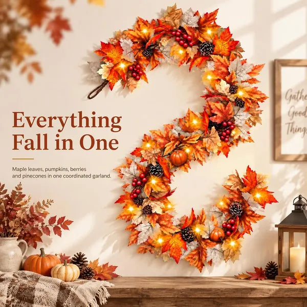 Aeelleea 6FT Pre-Lit Fall Maple Pumpkin Garland with Timer, Artificial Autumn Harvest Vine for Mantel, Staircase, Thanksgiving Home Decor