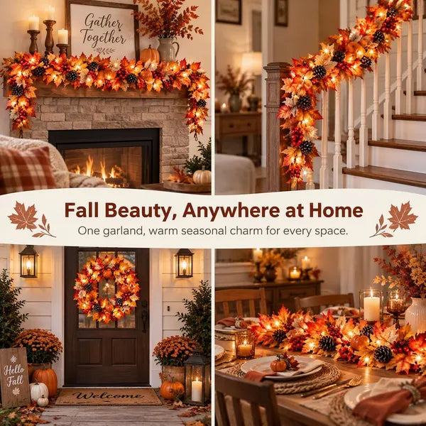 Aeelleea 6FT Pre-Lit Fall Maple Pumpkin Garland with Timer, Artificial Autumn Harvest Vine for Mantel, Staircase, Thanksgiving Home Decor