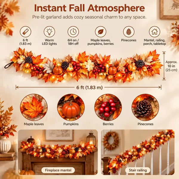 Aeelleea 6FT Pre-Lit Fall Maple Pumpkin Garland with Timer, Artificial Autumn Harvest Vine for Mantel, Staircase, Thanksgiving Home Decor