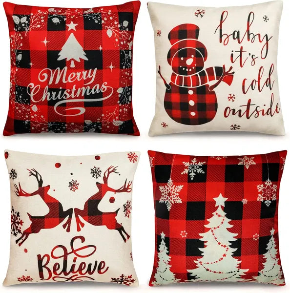 Aeelleea Farmhouse Christmas Pillow Covers Set of 4, Red Buffalo Plaid Holiday Decor Throw Pillow Cases