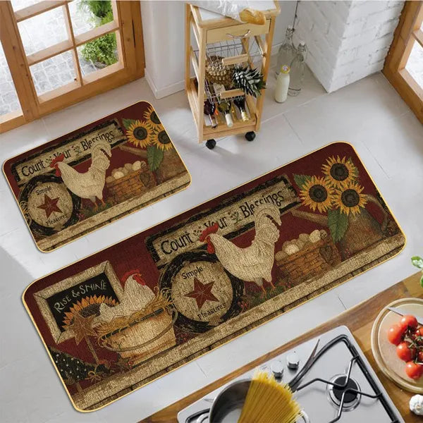 Farmhouse Rooster Kitchen Rug Set of 2, Non Slip Washable Low Profile Kitchen Mats, 17×29in & 17×47in, Seasonal Farm Decor