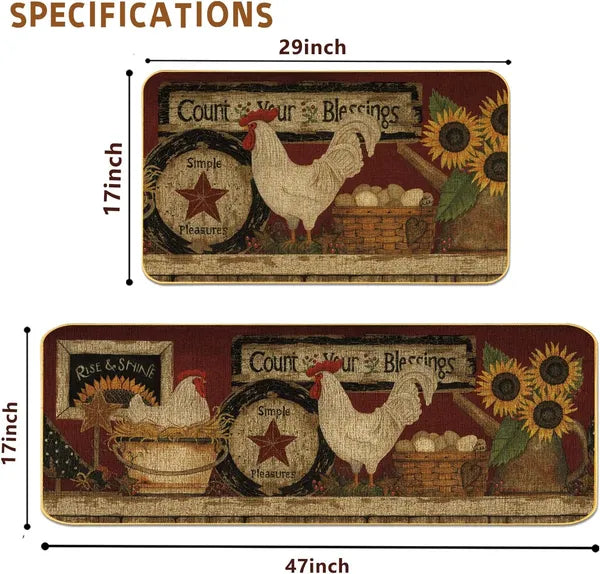 Farmhouse Rooster Kitchen Rug Set of 2, Non Slip Washable Low Profile Kitchen Mats, 17×29in & 17×47in, Seasonal Farm Decor