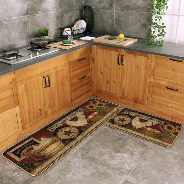 Farmhouse Rooster Kitchen Rug Set of 2, Non Slip Washable Low Profile Kitchen Mats, 17×29in & 17×47in, Seasonal Farm Decor