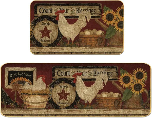 Farmhouse Rooster Kitchen Rug Set of 2, Non Slip Washable Low Profile Kitchen Mats, 17×29in & 17×47in, Seasonal Farm Decor