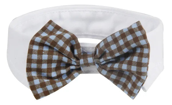 Pet Bow Tie Collar for Dogs, Brown and Blue Gingham Bow with White Collar Band, Dress-Up Neck Accessory for Small Pets