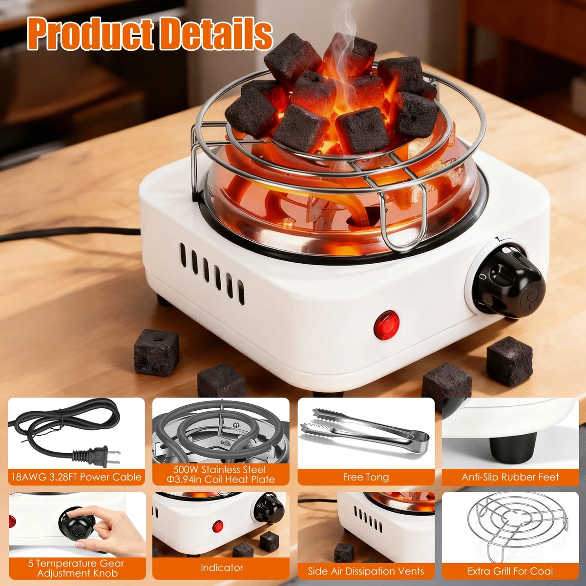 500W Electric Charcoal Starter & Heater – 5 Heat Settings with Thermostat, Stainless Steel Coil, for Indoor & Outdoor BBQ