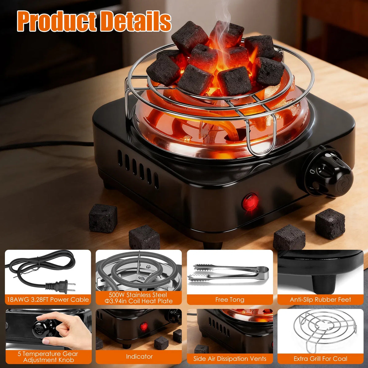 500W Electric Charcoal Starter & Heater – 5 Heat Settings with Thermostat, Stainless Steel Coil, for Indoor & Outdoor BBQ