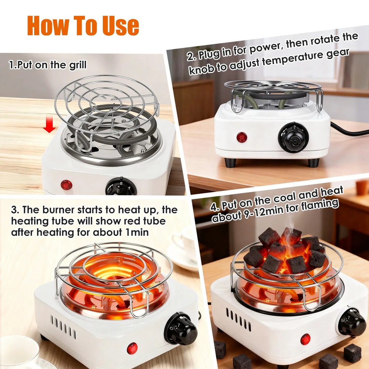 500W Electric Charcoal Starter & Heater – 5 Heat Settings with Thermostat, Stainless Steel Coil, for Indoor & Outdoor BBQ