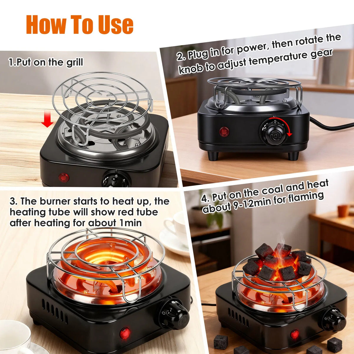 500W Electric Charcoal Starter & Heater – 5 Heat Settings with Thermostat, Stainless Steel Coil, for Indoor & Outdoor BBQ
