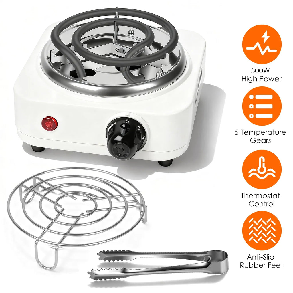 500W Electric Charcoal Starter & Heater – 5 Heat Settings with Thermostat, Stainless Steel Coil, for Indoor & Outdoor BBQ