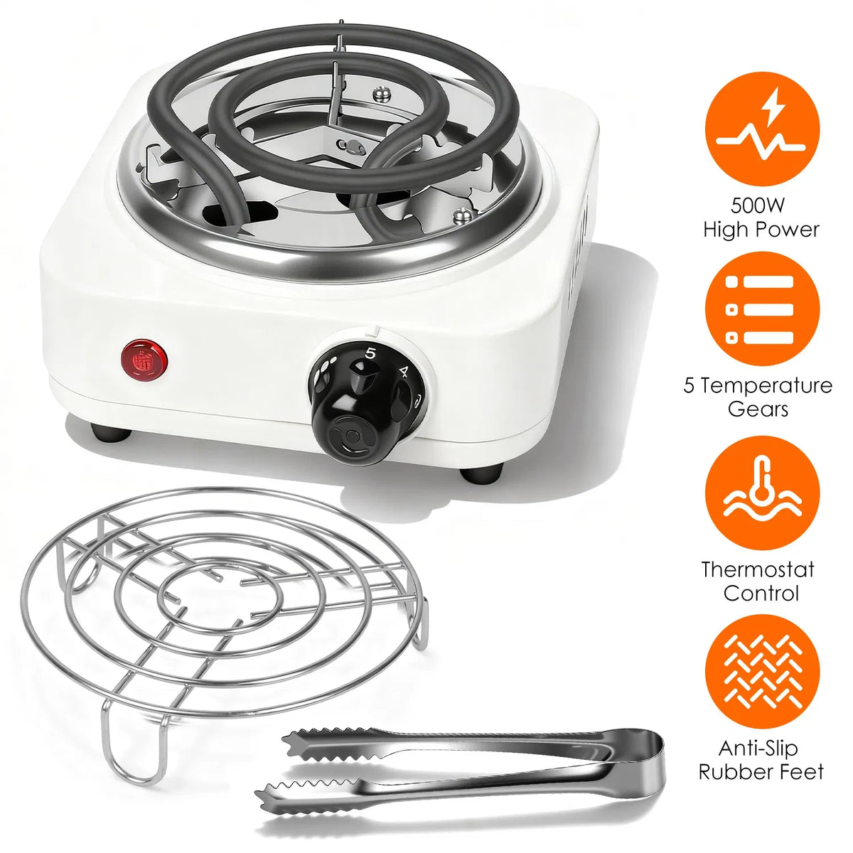 500W Electric Charcoal Starter & Heater – 5 Heat Settings with Thermostat, Stainless Steel Coil, for Indoor & Outdoor BBQ