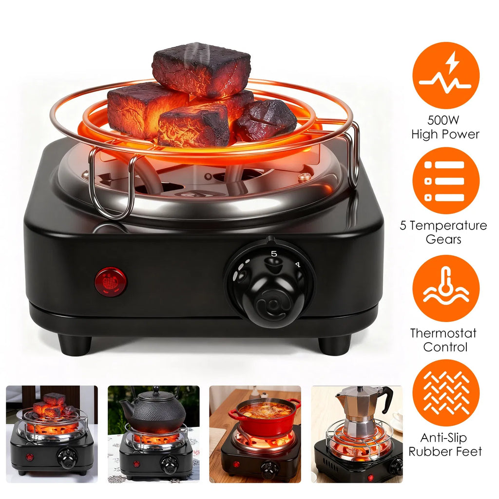 500W Electric Charcoal Starter & Heater – 5 Heat Settings with Thermostat, Stainless Steel Coil, for Indoor & Outdoor BBQ