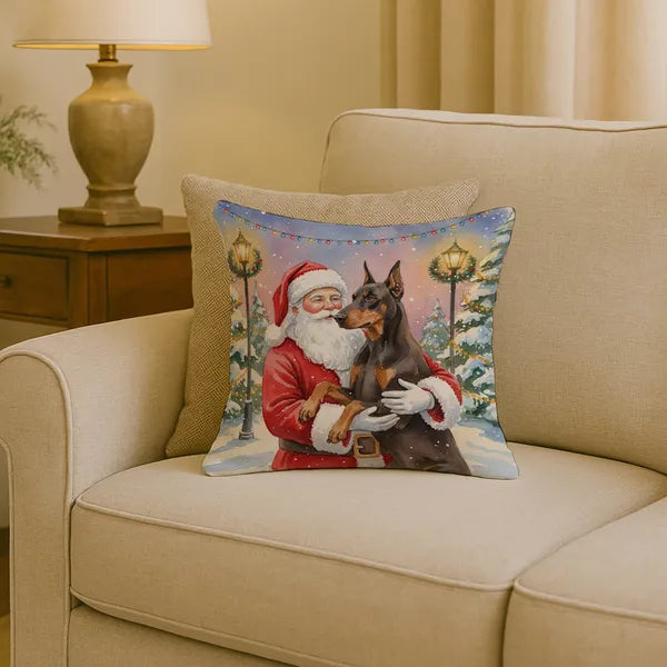 Aeelleea Fawn Doberman Pinscher Santa Claus Pillow 18x18 Christmas Dog Decor
