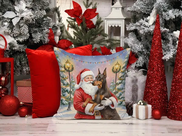 Aeelleea Fawn Doberman Pinscher Santa Claus Pillow 18x18 Christmas Dog Decor
