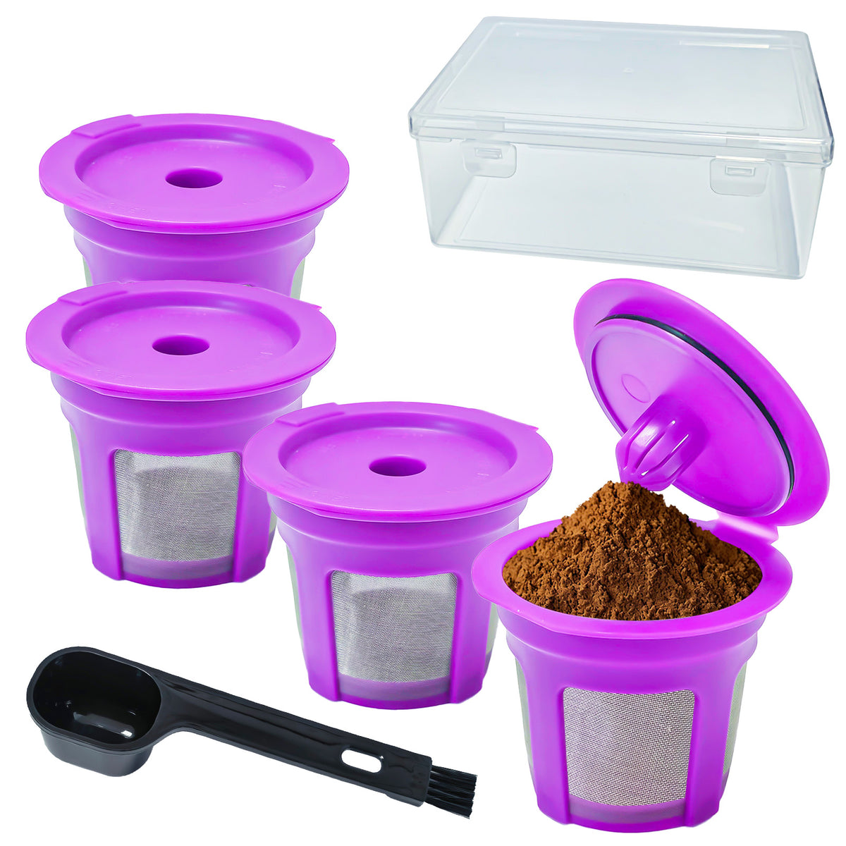 AEELLEEA 4 Pack Reusable Refillable Coffee Pods, Stainless Steel Mesh Filters with Scoop Brush & Box for 1-Prong Coffee Makers