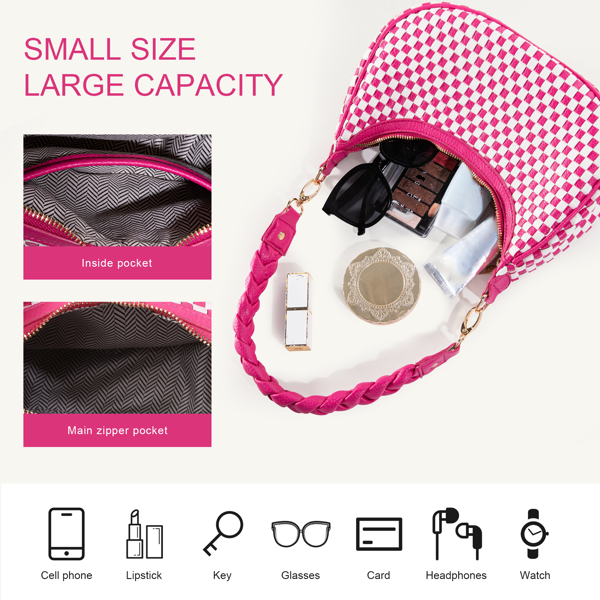 Checkered Shoulder Bag for Women, Y2K Hobo Crescent Purse with Braided Strap, Small Pink White Armpit Bag Trendy Fashion Handbag