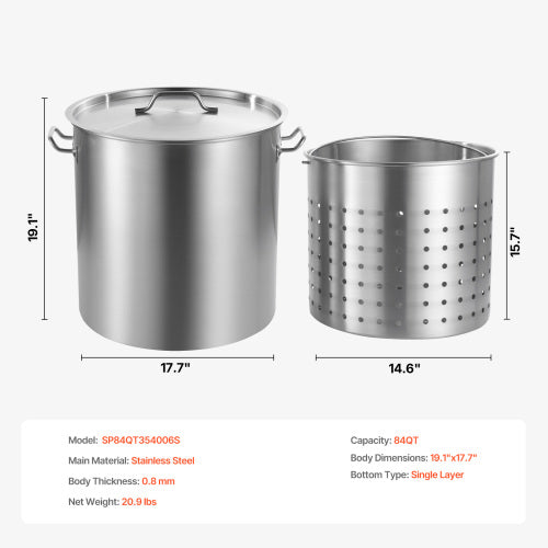 84 Quart Stainless Steel Stock Pot with Steamer Basket and Lid, Large Heavy Duty Soup Sauce Pot for Cooking Turkey Seafood
