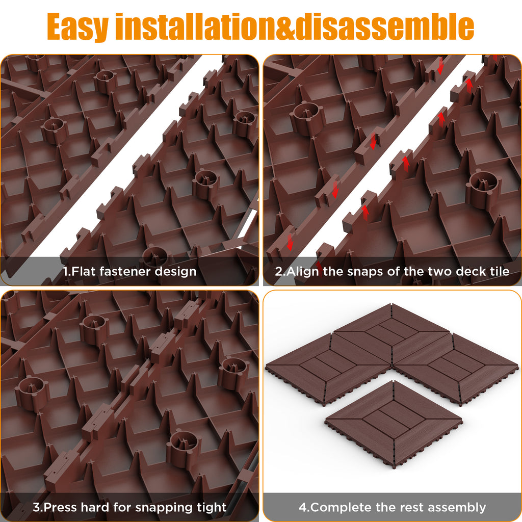 AEELLEEA 12 Inch Wood Grain Interlocking Deck Tiles, Snap Together Outdoor Patio Flooring Tiles, Cuttable Drainage Floor Tiles for Pool Backyard Balcony