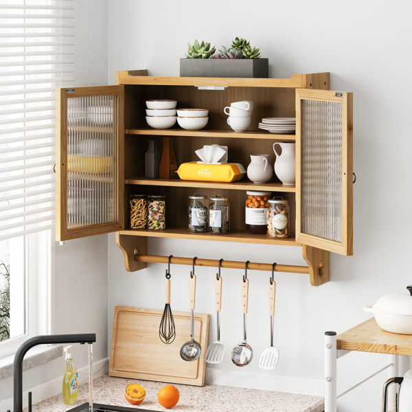 AEELLEEA Wall-Mounted Wooden Storage Cabinet with Ribbed Glass Doors, 3-Tier Shelves and Hanging Rail for Kitchen or Bathroom
