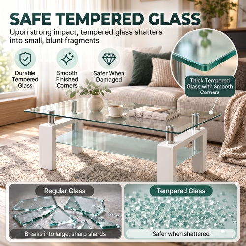 AEELLEEA Modern Glass Coffee Table, 8mm Tempered Glass Top, Lower Storage Shelf, White Metal Frame, Rectangular Living Room Table