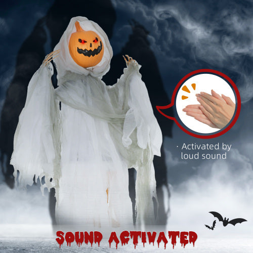 AEELLEEA 47.2" Sound Activated Hanging Pumpkin Ghost Halloween Decoration with Light-Up Eyes and Creepy Sound