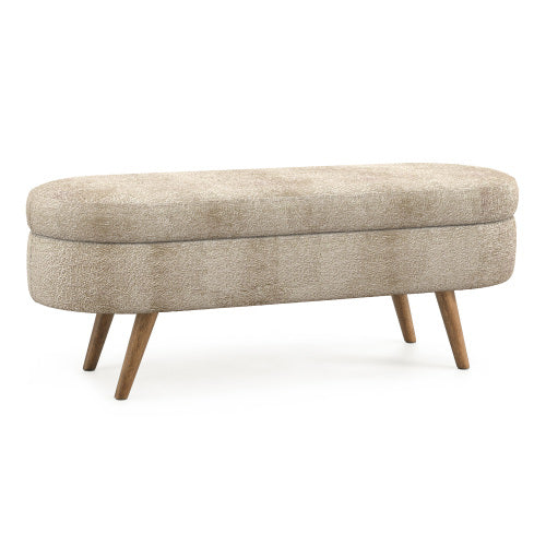 AEELLEEA 43 Inch Oval Storage Ottoman Bench, Beige Textured Fabric Upholstered Bench with Wood Legs for Bedroom Entryway