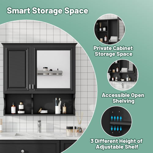 Wall Mounted Storage Cabinet with Mirror, Black Bathroom Medicine Cabinet with Adjustable Shelf, Wall Cabinet for Bedroom