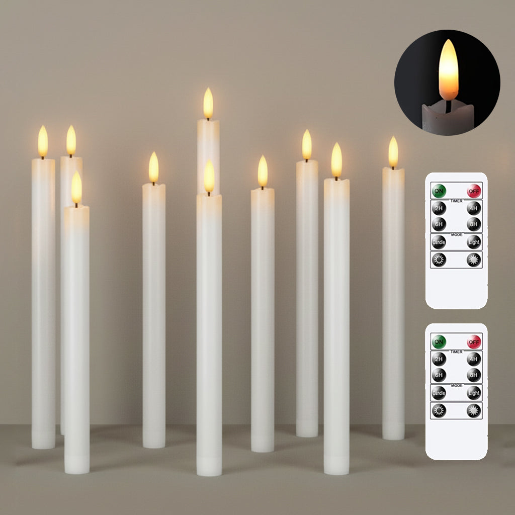 10 White Taper Candles with 2 Remotes - Remote-Adjustable Brightness, Safe for Homes & Events