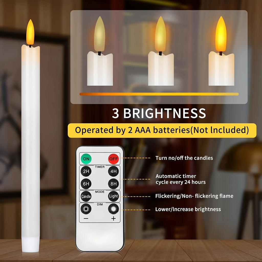 10 White Taper Candles with 2 Remotes - Remote-Adjustable Brightness, Safe for Homes & Events
